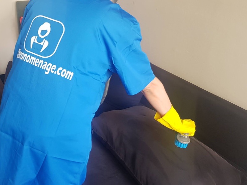 Intervenante Chronomenage brossant un coussin de canap&eacute;